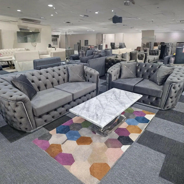 Toronto Chesterfield Sofa 3+2 Grey  & Silver - Envogue Furniture