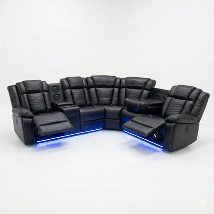 Zeus Leather Electric Recliners Corner Sofa With Cupholders - Bluetooth Speakers/LED Lights/USB Charging Ports/Storage