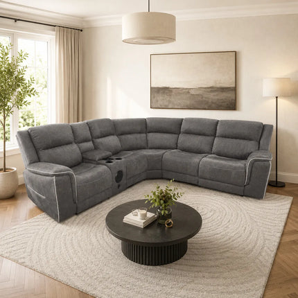 Geneva Pro Fabric Electric Recliner Corner Sofa- Fabric Corner Sofa With Cooling Cup-Holders/LED Lights/Bluetooth Speakers