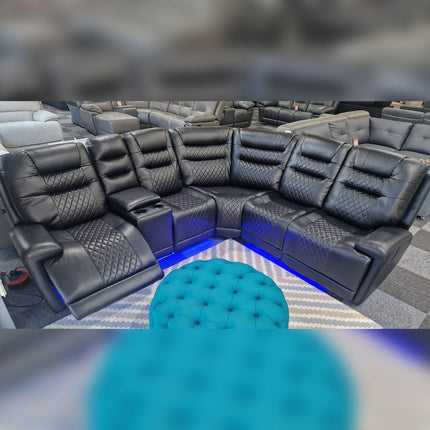 MNS Halifax Leather Electric Recliner Corner Sofa(Black,Beige)-USB Ports/LED LIGHTS/CUP HOLDERS