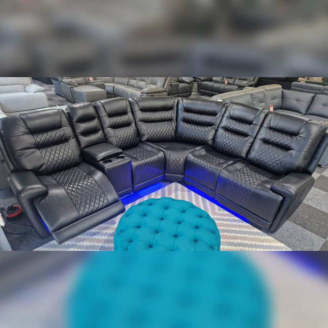 MNS Halifax Leather Electric Recliner Corner Sofa(Black,Beige)-USB Ports/LED LIGHTS/CUP HOLDERS