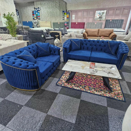 Toronto chesterfield sofa 3+2 blue & gold - Envogue Furniture