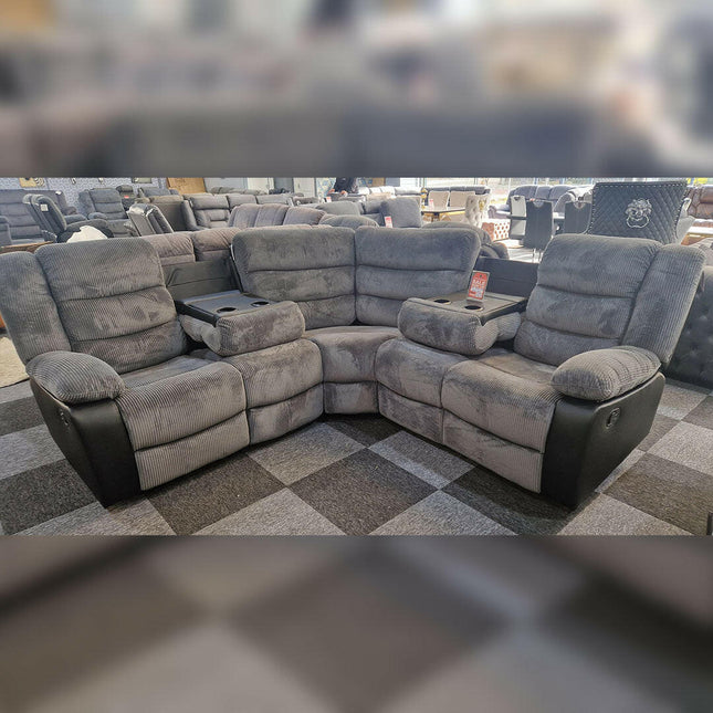 Rio Recliner Corner Sofa Grey and Black Cord and Leather with Cupholders