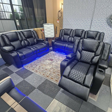 Orlando Electric Recliners 3+2 Seater Leather Sofa (Black, Grey) /LED LIGHTS/WIRELESS CHARGER - Envogue Furniture