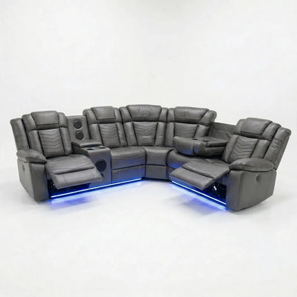 Michigan Zeus Leather Electric Recliners Corner Sofa With Cupholders (Black/Grey/Brown)- Bluetooth Speakers/LED Lights/USB Charging Ports/Storage