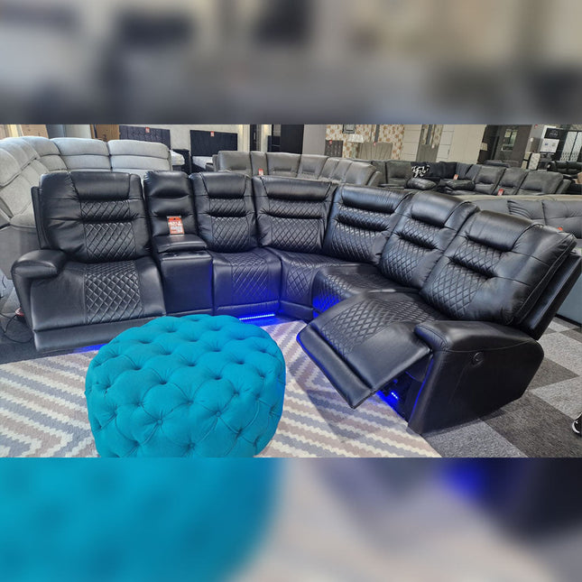 MNS Halifax Leather Electric Recliner Corner Sofa(Black,Beige)-USB Ports/LED LIGHTS/CUP HOLDERS