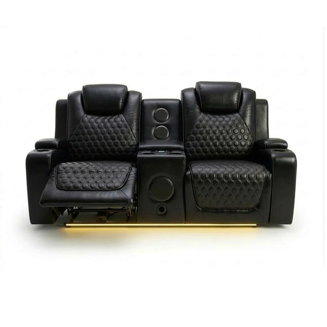 Malaga Leather Electric Recliner Sofa Set With Cupholders – 3+2 Seater Sofa Set – LED Lights – Bluetooth Speakers – USB and Type-C charging ports - Wireless Charging (Grey, 3+2 Seater)