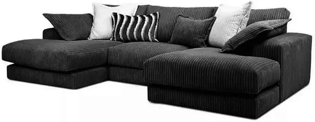 U-Shaped Jumbo Cord Fabric Sofa – Small Double-Ended Chaise Design for Living Room, Available in Black, Grey & Beige