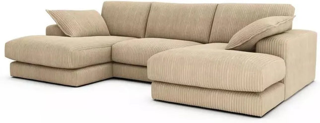 U-Shaped Jumbo Cord Fabric Sofa – Small Double-Ended Chaise Design for Living Room, Available in Black, Grey & Beige