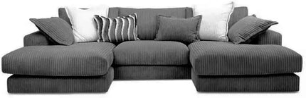 U-Shaped Jumbo Cord Fabric Sofa – Small Double-Ended Chaise Design for Living Room, Available in Black, Grey & Beige