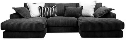 U-Shaped Jumbo Cord Fabric Sofa – Small Double-Ended Chaise Design for Living Room, Available in Black, Grey & Beige
