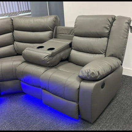 Roma Grey Leather Electric Corner Recliner Sofa + LED/USB/C