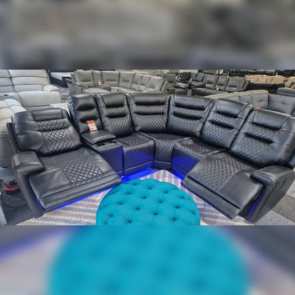 MNS Halifax Leather Electric Recliner Corner Sofa(Black,Beige)-USB Ports/LED LIGHTS/CUP HOLDERS