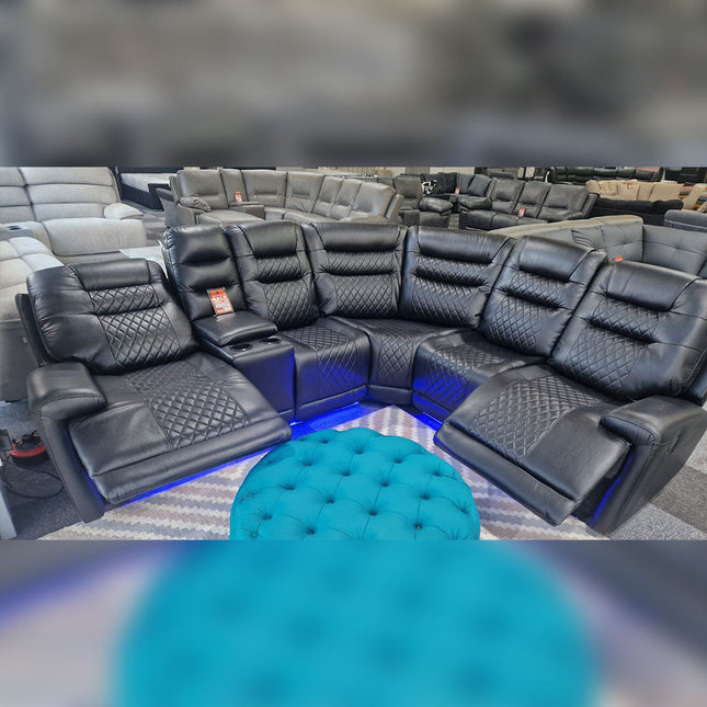 MNS Halifax Leather Electric Recliner Corner Sofa(Black,Beige)-USB Ports/LED LIGHTS/CUP HOLDERS