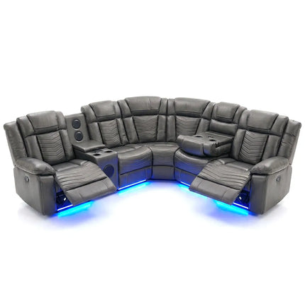 Michigan Zeus Leather Electric Recliners Corner Sofa With Cupholders (Black/Grey/Brown)- Bluetooth Speakers/LED Lights/USB Charging Ports/Storage
