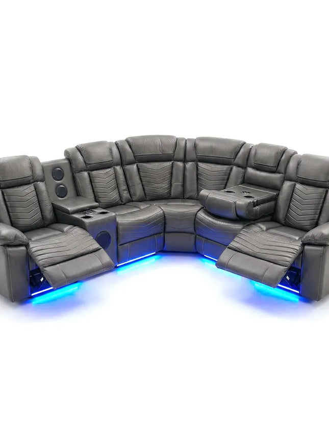 Michigan Zeus Leather Electric Recliners Corner Sofa With Cupholders (Black/Grey/Brown)- Bluetooth Speakers/LED Lights/USB Charging Ports/Storage