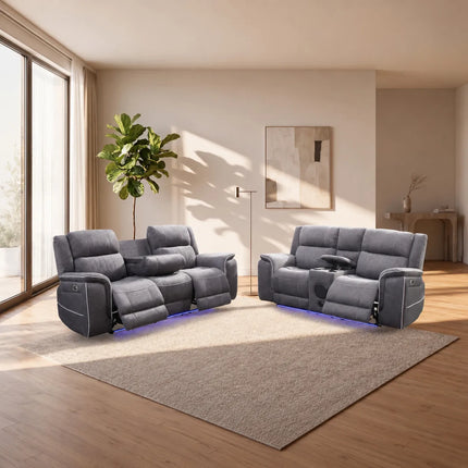 Geneva Pro Fabric Electric Recliner Sofa 3+2 Seater Set - 3+2 Seater Sofa With Bluetooth/Cooling Cup-Holders/LED Lights