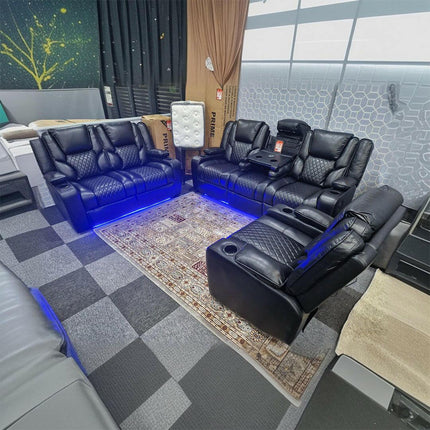 Orlando Electric Recliners 3+2 Seater Leather Sofa (Black, Grey) /LED LIGHTS/WIRELESS CHARGER - Envogue Furniture