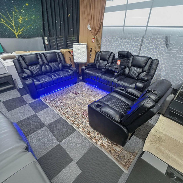 Orlando Electric Recliners 3+2 Seater Leather Sofa (Black, Grey) /LED LIGHTS/WIRELESS CHARGER - Envogue Furniture