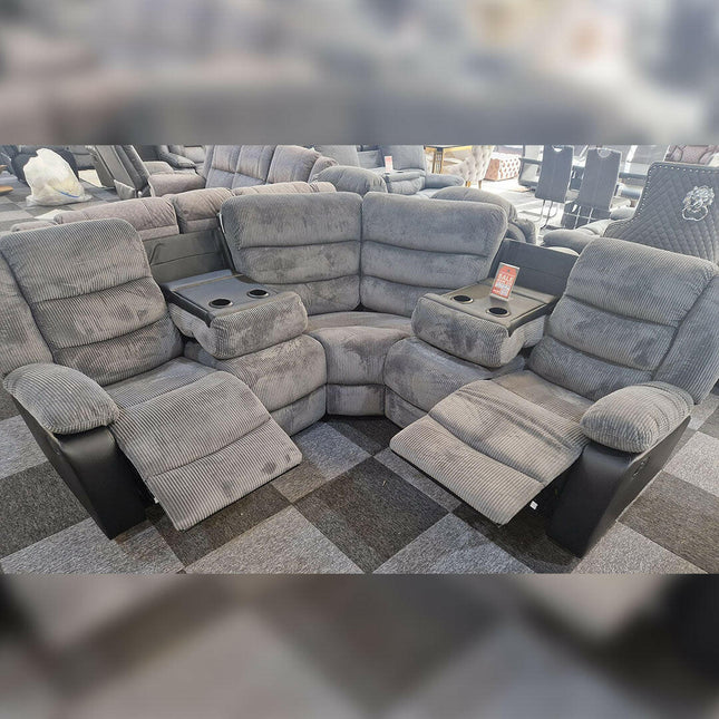 Rio Recliner Corner Sofa Grey and Black Cord and Leather with Cupholders