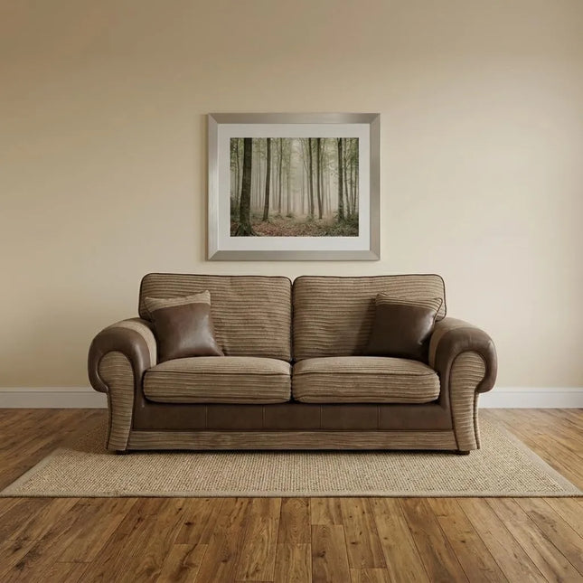 Tango Cord Fabric & Leather Sofa Set – Modern & Comfortable 3+2 Seater in Grey & Brown Colours