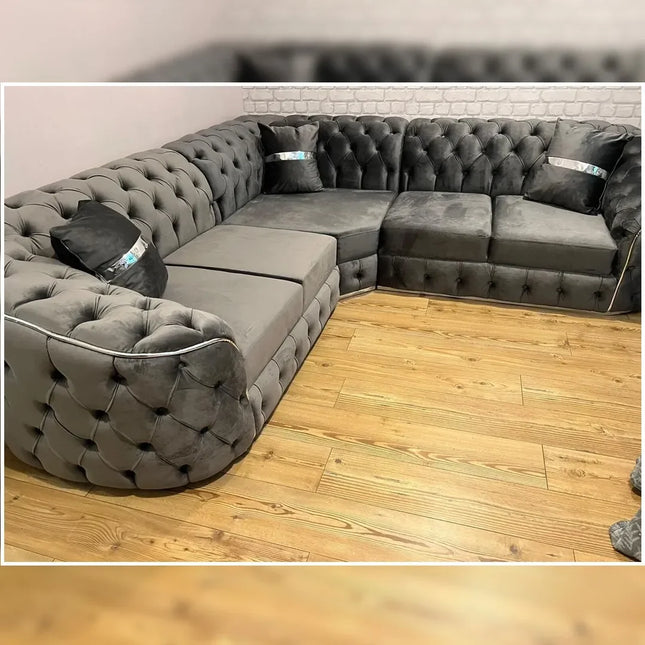 Toronto Chesterfield Corner Sofa – Black & Gold / Grey & Silver