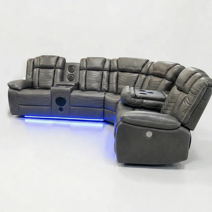 Zeus Leather Electric Recliners Corner Sofa With Cupholders - Bluetooth Speakers/LED Lights/USB Charging Ports/Storage
