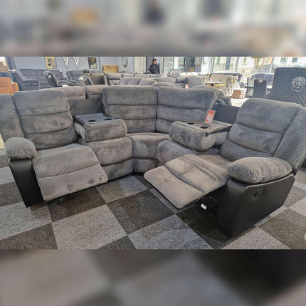 Rio Recliner Corner Sofa Grey and Black Cord and Leather with Cupholders