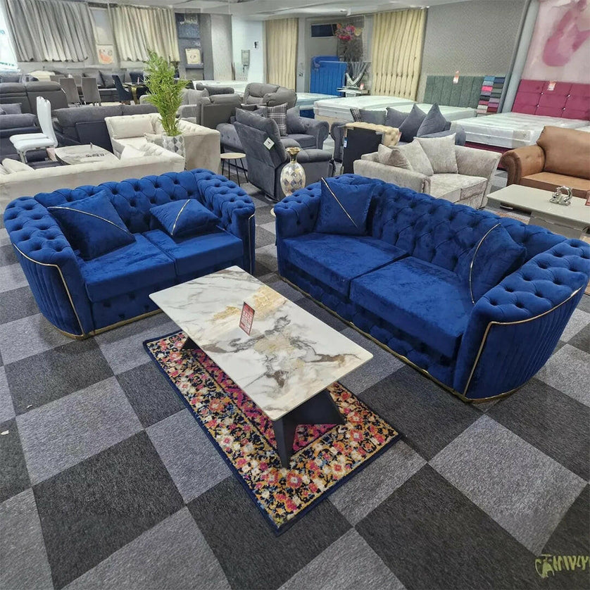 Toronto chesterfield sofa 3+2 blue & gold - Envogue Furniture