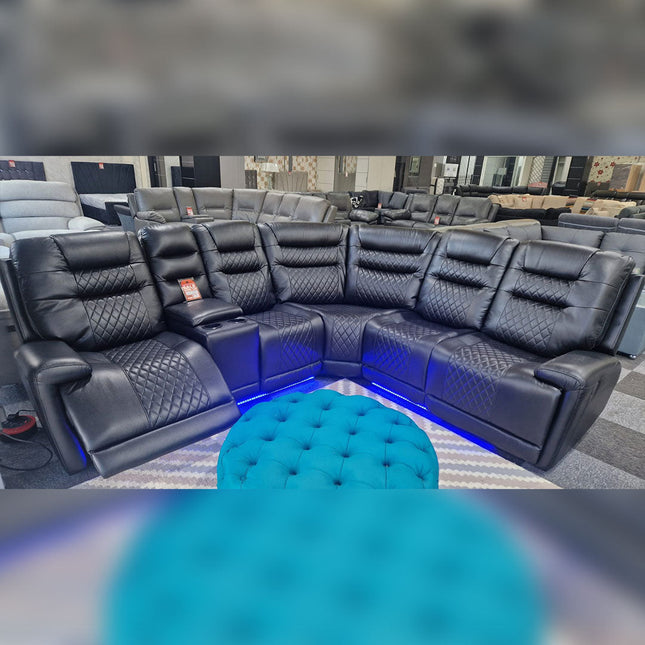 MNS Halifax Leather Electric Recliner Corner Sofa(Black,Beige)-USB Ports/LED LIGHTS/CUP HOLDERS