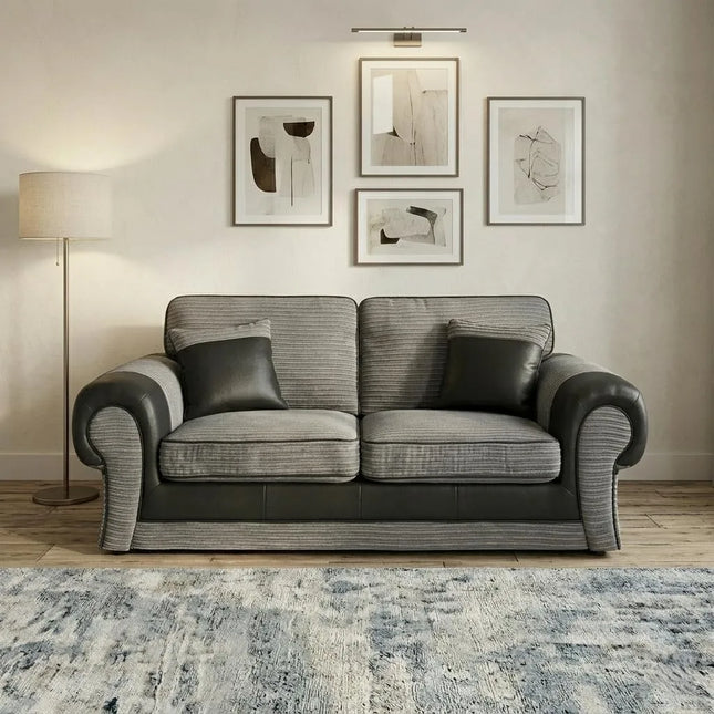 Tango Cord Fabric & Leather Sofa Set – Modern & Comfortable 3+2 Seater in Grey & Brown Colours