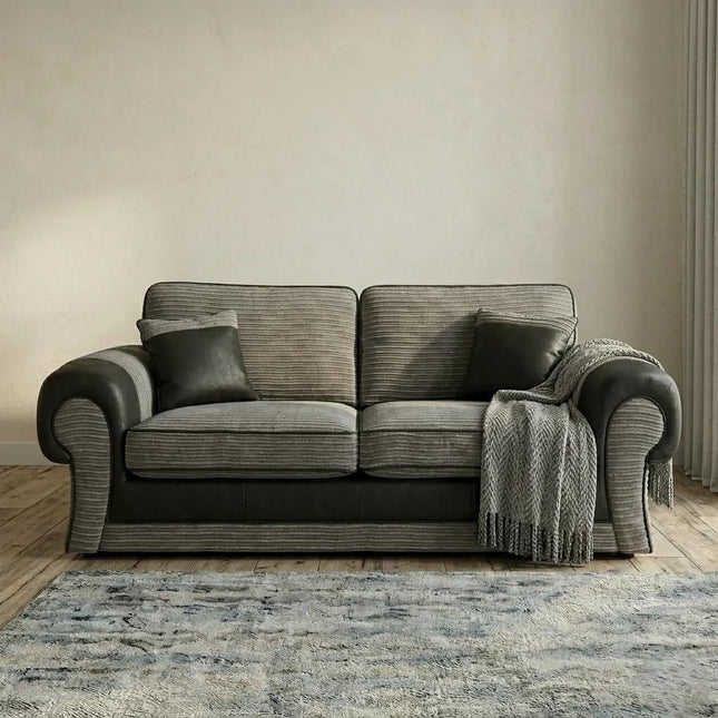Tango Cord Fabric & Leather Sofa Set – Modern & Comfortable 3+2 Seater in Grey & Brown Colours