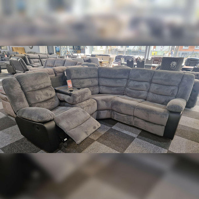 Rio Recliner Corner Sofa Grey and Black Cord and Leather with Cupholders