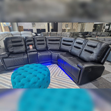 MNS Halifax Leather Electric Recliner Corner Sofa(Black,Beige)-USB Ports/LED LIGHTS/CUP HOLDERS