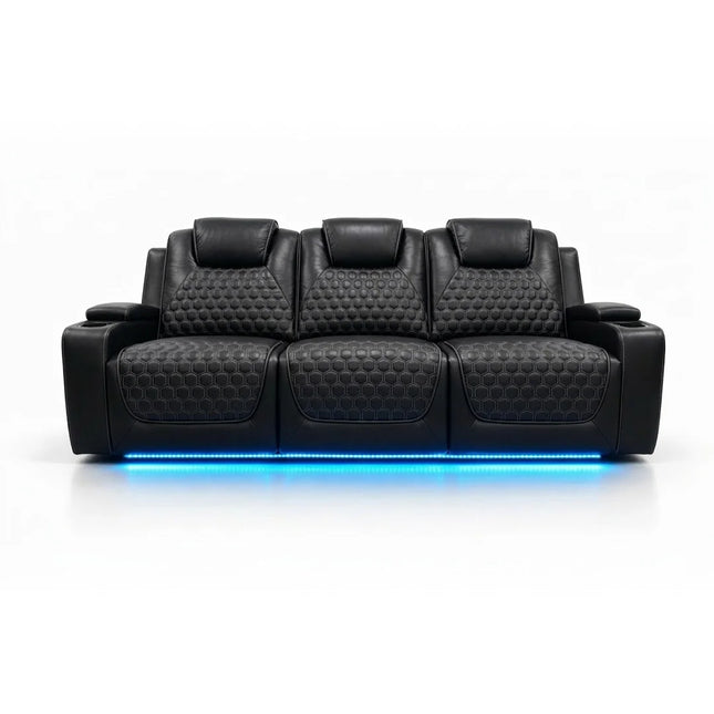 Malaga Leather Electric Recliner Sofa Set With Cupholders – 3+2 Seater Sofa Set – LED Lights – Bluetooth Speakers – USB and Type-C charging ports - Wireless Charging (Grey, 3+2 Seater)