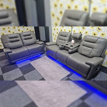 Halifax Leather Electric Recliner Sofa Set With Cupholders - 3+2 Seater Sofa - LED Lights - Wireless Charging - USB Charging Ports (Grey, Black & Brown 3+2 Seater)