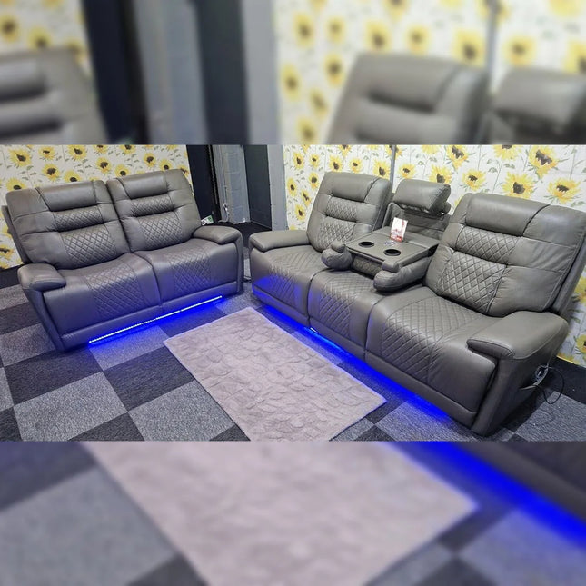 Halifax Leather Electric Recliner Sofa Set With Cupholders - 3+2 Seater Sofa - LED Lights - Wireless Charging - USB Charging Ports (Grey, Black & Brown 3+2 Seater)