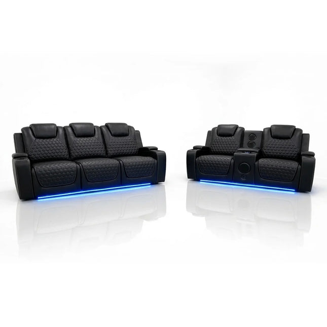 Malaga Leather Electric Recliner Sofa Set With Cupholders – 3+2 Seater Sofa Set – LED Lights – Bluetooth Speakers – USB and Type-C charging ports - Wireless Charging (Grey, 3+2 Seater)