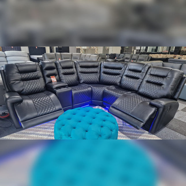 MNS Halifax Leather Electric Recliner Corner Sofa(Black,Beige)-USB Ports/LED LIGHTS/CUP HOLDERS