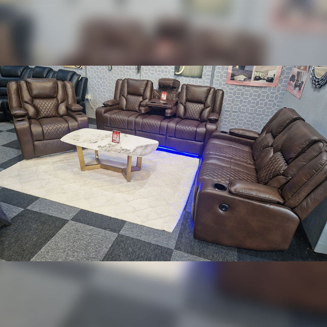 Orlando Electric Recliners 3+2 Seater Leather Sofa (Brown, Moche) /LED LIGHTS/WIRELESS CHARGER