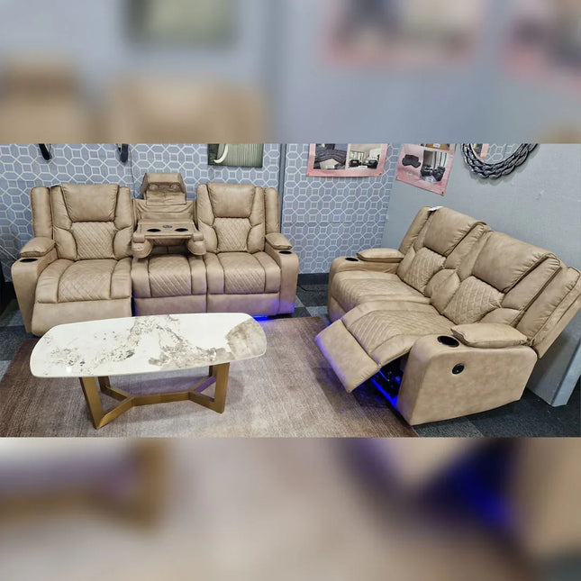 Orlando Electric Recliners 3+2 Seater Leather Sofa (Brown, Moche) /LED LIGHTS/WIRELESS CHARGER Envogue Furniture Limited