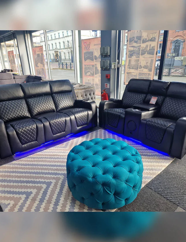 Florida Leather Electric Recliner Sofa Set with Cupholders, LED Lights, Wireless Charging, Bluetooth Speakers, and USB Ports – 3+2 Seater (Black)
