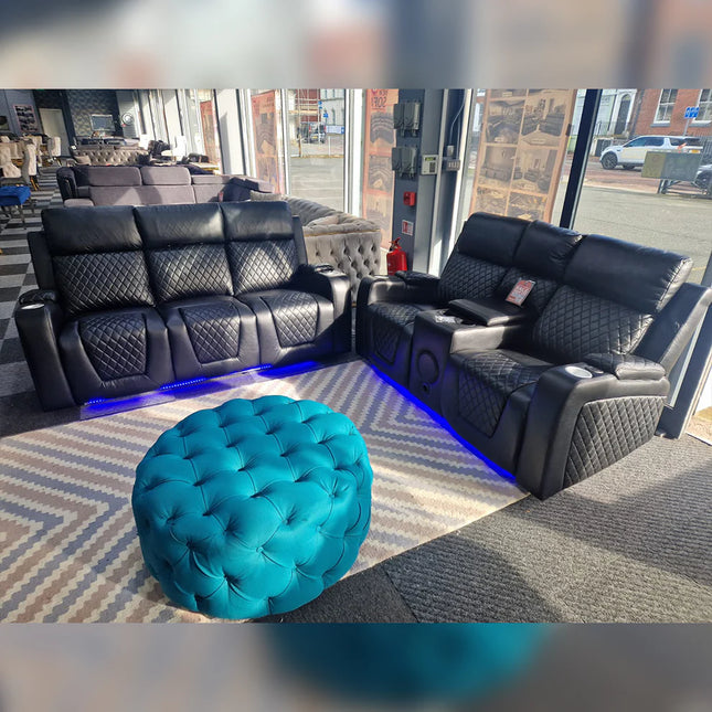 Florida 3+2 Black Electric Recliner Sofa Set. USB, Cup Holders, LED, Bluetooth