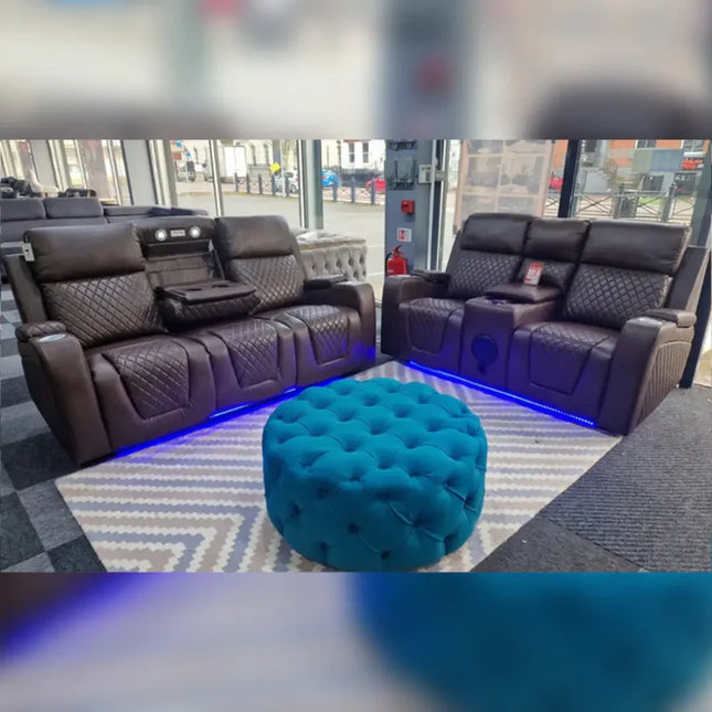 Florida 3+2 Brown Electric Recliner Sofa Set. USB, Cup Holders, LED, Bluetooth