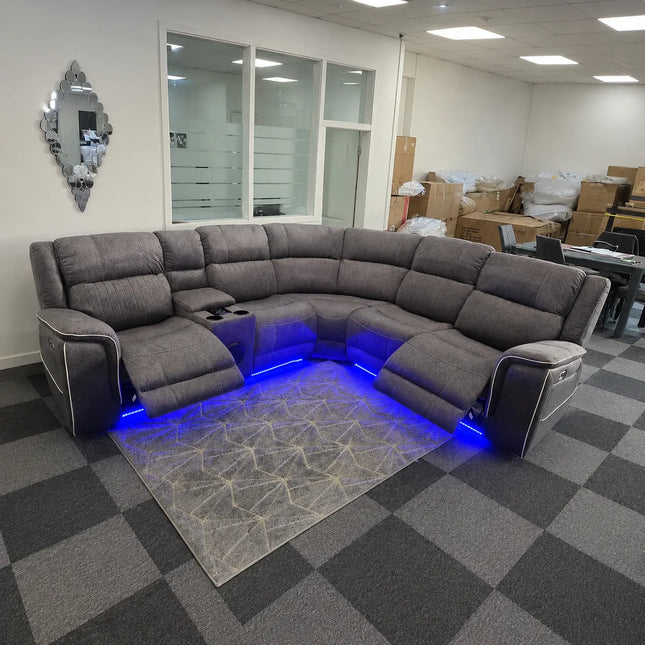 Hannah Music Microfibre Electric Recliners Corner Sofa- USB/ Blue LED Strip