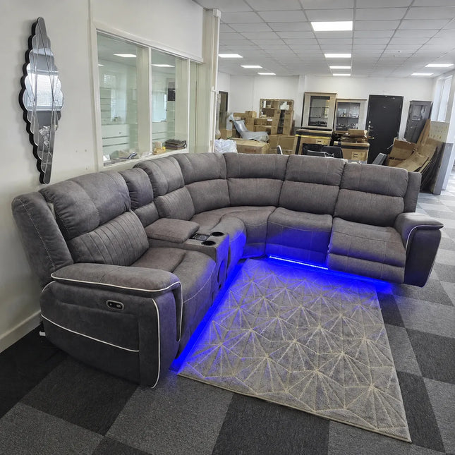 Hannah Music Microfibre Electric Recliners Corner Sofa- USB/ Blue LED Strip