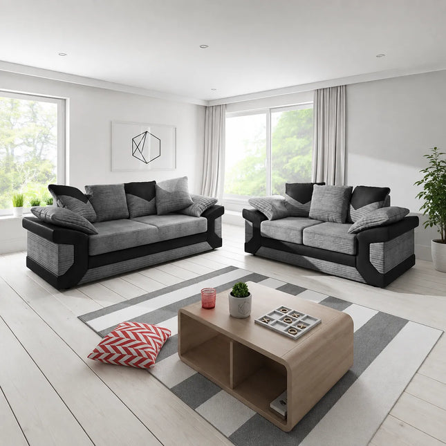 New Dino 3+2 Grey Fabric & Black Leather Sofa | Luxury Living Room Furniture