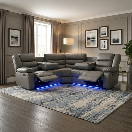 Madrid Leather Electric Recliner Sofa With Cupholders - Leather Sofa - Corner Sofa - USB Charging Ports - LED Lights