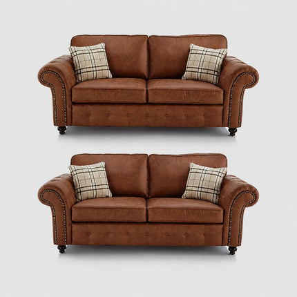 Oakland Tan Brown Large Leather Corner Sofa 3 & 2 Seater Fullback Premium Suite