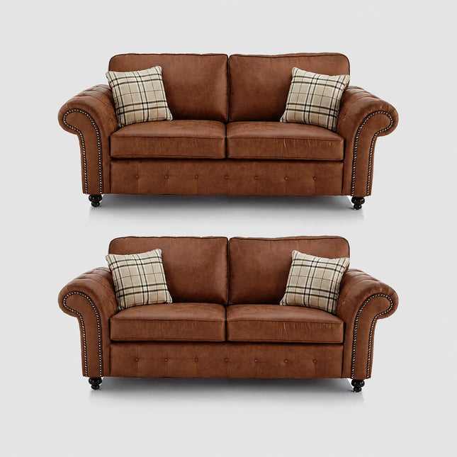 Oakland Tan Brown Large Leather Corner Sofa 3 & 2 Seater Fullback Premium Suite